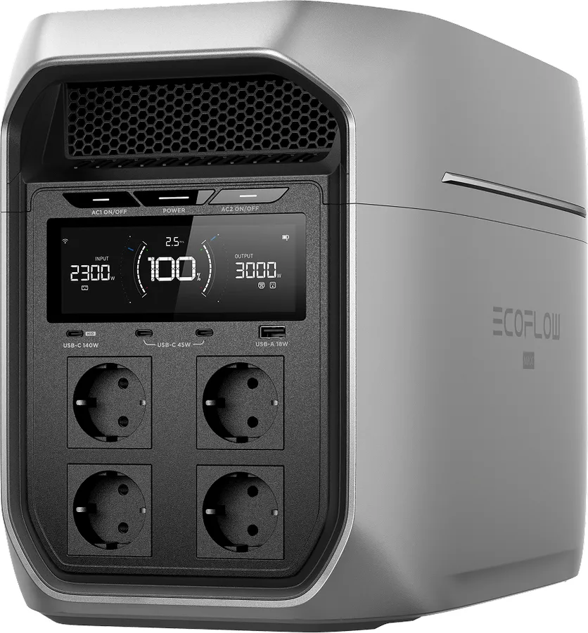 EcoFlow Delta 3 Max Plus — спереди: четыре розетки, экран