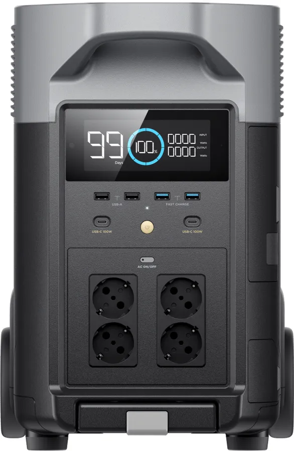EcoFlow Delta Pro — спереди: четыре розетки, экран